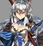  92m animal_ears breasts cleavage erune gauntlets granblue_fantasy grey_background grey_hair hairband heles large_breasts long_hair looking_at_viewer polearm simple_background smile solo weapon yellow_eyes 