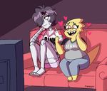  &lt;3 &lt;3_eyes alphys being_watched beverage black_hair bored breasts clothing duo eyewear feet female food forsythiaflowers glasses hair horny machine male mcdonalds mettaton monster open_mouth overweight robot scalie sitting smile sofa television undertale video_games 