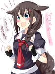  :3 :d ahoge black_gloves black_serafuku blue_eyes blush braid brown_hair check_translation clenched_hands commentary_request dog_tail fingerless_gloves gloves hair_flaps hair_ornament hair_over_shoulder hair_ribbon highres kantai_collection long_hair natsu_(anta_tte_hitoha) open_mouth remodel_(kantai_collection) ribbon school_uniform serafuku shigure_(kantai_collection) simple_background single_braid sketch smile solo tail translated translation_request white_background 