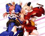  :d absurdres animal_ear_fluff animal_ears arms_up bangs blonde_hair blue_legwear breasts cleavage clenched_teeth copyright_name detached_sleeves eyebrows_visible_through_hair fang fate/extra fate/extra_ccc fate/extra_ccc_fox_tail fate_(series) fox_ears fox_shadow_puppet fox_tail hakama hat highres holding holding_sword holding_weapon japanese_clothes kimono leg_up long_hair looking_at_viewer medium_breasts multiple_girls obi open_mouth orange_eyes pink_hair red_hakama ribbon-trimmed_sleeves ribbon_trim sash smile standing standing_on_one_leg suzuka_gozen_(fate) sword tail takenoko_seijin tamamo_(fate)_(all) tamamo_no_mae_(fate) tate_eboshi teeth thighhighs weapon wide_sleeves yellow_eyes 