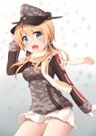  absurdres blonde_hair camouflage camouflage_hat gloves hat highres kantai_collection kapatarou long_hair panties pantyshot pantyshot_(standing) peaked_cap prinz_eugen_(kantai_collection) remodel_(kantai_collection) scarf smile solo standing twintails underwear uniform white_panties 