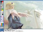  angel_wings ass blonde_hair breath_of_fire breath_of_fire_iv building canvas_(medium) dress easygoing1484 from_behind hairband lowres nina_(breath_of_fire_iv) pantyhose short_hair skirt solo very_short_hair white_wings windmill wings 