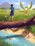  alternate_color backpack bag barefoot blue_sky blurry brown_hair cloud crustle day depth_of_field from_behind gen_1_pokemon gen_3_pokemon gen_5_pokemon grass hat highres joltik kezrek lake magikarp mountain mushroom nature outdoors poke_ball pokemon pokemon_(creature) pokemon_trainer reflection shiny_pokemon shorts skitty sky sparkle standing stream surskit swablu tree tropius watermark web_address 