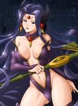  alcyone_(rayearth) black_hair blush breasts commentary_request covered_nipples earrings fat_mons forehead_jewel jewelry large_breasts leotard lips lipstick long_hair magic_knight_rayearth makeup navel purple_eyes purple_leotard rakusai_(saisai_garou) solo staff thighs very_long_hair 
