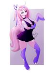  &lt;3 2015 absurd_res anthro blue_eyes blush bow breasts choker cleavage clothed clothing dress equine female gloves hair hi_res hooves horn horse legwear lips long_hair looking_back mammal missblue pink_hair pink_skin pony side_boob smile solo standing stockings thick_thighs unicorn 