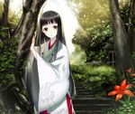  black_hair chihaya_(clothing) flower japanese_clothes katase_yuu long_hair miko original solo wide_sleeves 