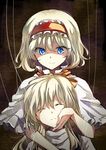  alice_margatroid blonde_hair blue_eyes capelet closed_eyes hairband hand_on_another's_face kirisame_marisa long_hair looking_down mitsunara multiple_girls puppet_strings shaded_face short_hair touhou turtleneck upper_body 