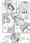  anthro blush clothed clothing comic crossdressing dialogue doujinshi duo embarrassed english_text eyes_closed feline female fur grope hair handjob lala mammal midriff monochrome opened_mouth penis precum seishun_18kin_kippu4 simple_background skirt smile surprise text 