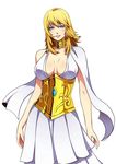  athena_(saint_seiya) blonde_hair blue_eyes breasts dress highres large_breasts looking_at_viewer saint_seiya simple_background smile solo white_background white_dress 