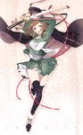  :d ankle_boots bad_id bad_pixiv_id black_legwear blazer boots brown_footwear brown_hair cape full_body green_skirt holding holding_sword holding_weapon jacket kai28 katsuragi_yuuki long_hair long_sleeves looking_at_viewer neckerchief open_mouth original petals pleated_skirt red_ribbon ribbon scabbard school_uniform sheath skirt smile solo sword thighhighs touran-sai unsheathed wavy_hair weapon zettai_ryouiki 