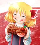  :q ^_^ bbb_(33kudo) blonde_hair closed_eyes eating food hair_ribbon ham hamburger_steak ketchup long_sleeves meat meatball messy ribbon rumia short_hair smile solo stained_clothes tongue tongue_out touhou two-tone_background upper_body 