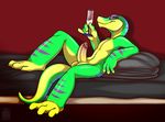  alcohol balls beverage champagne erection food gecko gex gex_(series) humanoid_penis lizard looking_at_viewer lying male muzz nude on_back penis reptile scalie solo 