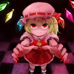  akizawa_aki ankle_socks bad_id bad_pixiv_id blonde_hair carry_me checkered checkered_floor cravat fingernails flandre_scarlet foreshortening from_above hat hat_ribbon looking_at_viewer looking_up mary_janes mob_cap nail_polish outstretched_arms red_eyes red_nails ribbon sharp_fingernails shoes short_hair side_ponytail skirt skirt_set smile solo touhou wings 