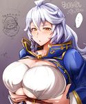  belt blue_jacket braid breast_hold breasts camieux draph granblue_fantasy highres huge_breasts jacket mumumu_(three_emu) silva_(granblue_fantasy) silver_hair solo twin_braids underboob yellow_eyes 