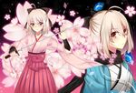  bug butterfly fate_(series) flower hakama haori insect itsuki_(yishu) japanese_clothes katana kimono koha-ace meiji_schoolgirl_uniform okita_souji_(fate) okita_souji_(fate)_(all) petals purple_hakama scarf solo sword weapon 