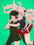  asymmetrical_legwear bangs black_hair blonde_hair covering_mouth danganronpa danganronpa_1 enoshima_junko fingernails freckles hand_over_another's_mouth ikusaba_mukuro kibougamine_gakuen_school_uniform long_fingernails long_hair multiple_girls nail_polish parted_bangs red_eyes red_nails school_uniform short_hair siblings sisters skirt spoilers tattoo tochita translation_request twins twintails very_long_hair 