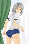  adjusting_buruma adjusting_clothes anitore!_ex ass blush brown_eyes buruma curtains densuke_(iha-syuon) from_behind grey_hair gym_uniform hair_ornament hairclip highres hiraoka_yuu looking_back open_mouth panties panties_under_buruma solo sweat underwear 