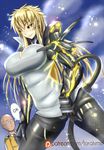  1girl bald black_sclera blonde_hair breasts cape cleavage cyborg deviantart_sample female_genos genderswap genderswap_(mtf) genos hips image_sample impossible_clothes impossible_shirt large_breasts long_hair looking_at_viewer one-punch_man patreon_logo patreon_username saitama_(one-punch_man) shirt torahime_(roland00) watermark web_address yellow_eyes 