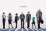  5boys adjusting_eyewear android bag bald belt blonde_hair blue_hair bracelet brown_hair choker coat contrapposto copyright_name crossed_arms curly_hair dress folded_ponytail formal fubuki_(one-punch_man) full_body fur_coat genos ghost_in_the_shell_lineup glasses green_dress green_eyes green_hair grocery_bag halterneck handbag high_heels highres holster jewelry king_(one-punch_man) knm_shiro mechanical_arm multiple_boys multiple_girls mumen_rider necktie one-punch_man onsoku_no_sonic pantyhose purple_dress purple_hair saitama_(one-punch_man) scar scarf shopping_bag short_hair siblings sisters standing suit sword tatsumaki weapon wind wind_lift yellow_eyes 