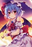  adapted_costume ascot bat_wings blue_hair blush detached_sleeves gradient gradient_background hat hat_ribbon highres imageboard_sample jpeg_artifacts looking_at_viewer mob_cap non-web_source parasol puffy_sleeves red_eyes remilia_scarlet ribbon riichu sash scan shirt short_hair short_sleeves skirt skirt_set sky smile solo touhou umbrella wings wrist_cuffs 