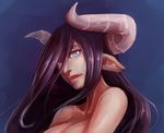 bad_deviantart_id bad_id blue_background blue_eyes breasts cleavage commentary demon_girl demon_horns hair_over_one_eye horns large_breasts lips long_hair looking_at_viewer making_of nose nude original pointy_ears purple_hair solo succubus upper_body whistle_frog 