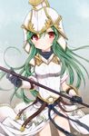  arm_guards armor artist_name athena_(p&amp;d) black_gloves black_ribbon blurry blush frown gloves gradient gradient_background green_hair helmet highres holding holding_weapon long_hair looking_at_viewer polearm puzzle_&amp;_dragons red_eyes ribbon shoulder_pads side_slit simple_background skirt solo standing suzushirokei weapon white_skirt 