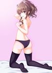  ass black_legwear black_panties breasts brown_hair covering covering_breasts feet hanamiya_nagisa heikichi kneeling long_hair looking_back medium_breasts no_shoes open_mouth panties purple_eyes solo thighhighs topless underwear underwear_only ushinawareta_mirai_wo_motomete 