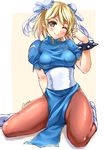  ;) arima_kouichi artist_name bad_id bad_nicoseiga_id blonde_hair blue_dress blush border bracelet brown_eyes bun_cover chun-li chun-li_(cosplay) cosplay djeeta_(granblue_fantasy) double_bun dress granblue_fantasy jewelry looking_at_viewer one_eye_closed orange_legwear pantyhose pelvic_curtain puffy_short_sleeves puffy_sleeves sash shoes short_hair short_sleeves signature simple_background sitting smile solo spiked_bracelet spikes street_fighter wariza white_border white_footwear yellow_background 