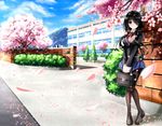  absurdres black_hair black_legwear blue_skirt cherry_blossoms cloud date_a_live day hair_over_one_eye heterochromia highres long_hair looking_at_viewer md5_mismatch outdoors pantyhose pleated_skirt red_eyes school_briefcase school_uniform skirt sky smile solo tokisaki_kurumi tsubasaki yellow_eyes 