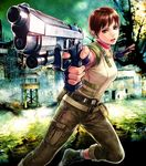  aiming beretta_92 boots breasts brown_hair cargo_pants choker fingerless_gloves foreshortening gloves green_eyes gun handgun kinoshita_reiko lips medium_breasts pants parted_lips pistol rebecca_chambers resident_evil resident_evil_0 running short_hair solo weapon 