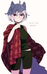  ahoge alternate_costume animal_ears artist_name bike_shorts dated highres inubashiri_momiji looking_to_the_side namauni no_hat no_headwear plaid red_eyes shirt silver_hair simple_background sleeveless solo tail touhou turtleneck white_background wolf_ears wolf_tail 