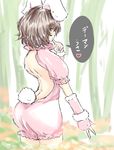  animal_ears ass back back_cutout backless_outfit black_hair brown_eyes bunny_ears bunny_tail finger_to_mouth fingerless_gloves from_behind gloves inaba_tewi kongari_tokei puffy_sleeves short_hair solo tail touhou translation_request v 