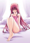  bare_legs barefoot highres hori_hiroaki legs long_hair nightgown on_bed original panties pillow red_eyes red_hair sitting smile solo twintails underwear very_long_hair 