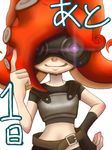  armor belt breastplate fingerless_gloves gloves glowing glowing_eyes goggles hand_on_hip highres hikari_watanuki index_finger_raised mask octarian red_hair simple_background smile solo splatoon_(series) splatoon_1 takozonesu tentacle_hair tentacles white_background 