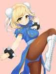  ass bad_id bad_pixiv_id blonde_hair boots bracelet breasts brown_eyes brown_legwear bun_cover china_dress chinese_clothes chun-li chun-li_(cosplay) commentary_request cosplay cross-laced_footwear djeeta_(granblue_fantasy) double_bun dress fighting_stance granblue_fantasy jewelry knee_boots large_breasts leg_up long_hair looking_at_viewer pantyhose pelvic_curtain pink_background puffy_short_sleeves puffy_sleeves sash short_hair short_sleeves side_slit simple_background smile solo spiked_bracelet spikes street_fighter tear_tear0320 white_footwear yellow_eyes 