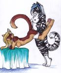  anthro blonde_hair breasts cat dildo duo feline female female/female foxene hair mammal nipples nude sex sex_toy side_view simple_background strapon tiger tongue wheelbarrow_position white_background 