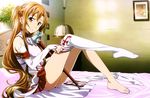  absurdres asuna_(sao) barefoot bed blush breastplate brown_eyes brown_hair detached_sleeves half_updo highres kawakami_tetsuya leaning_back long_hair long_legs looking_at_viewer official_art on_bed pleated_skirt red_skirt scan single_thighhigh sitting skirt smile solo sword sword_art_online thighhighs thighhighs_pull weapon white_legwear 