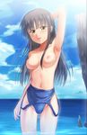  arm_behind_head arm_up armpits ass_visible_through_thighs black_hair breasts brown_eyes cameltoe competition_swimsuit highleg highleg_swimsuit highres medium_breasts navel nipples ocean one-piece_swimsuit original solo standing swimsuit swimsuit_pull takuya_kame 