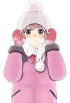  beanie blush brown_eyes brown_hair coat frown hat mask mattaku_mousuke mittens original scarf sick snot solo surgical_mask upper_body winter_clothes winter_coat 