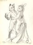  2015 anthro breasts butt canine claws convenient_censorship digitigrade eyelashes female feral fox hair hug lagomorph lube male mammal navel nude penis rabbit scale_(artist) traditional_media_(artwork) wide_hips 