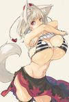  animal_ears bare_arms bikini black_legwear bouncing_breasts breasts clothes_lift hat highres huge_breasts inubashiri_momiji long_hair muneneko navel red_eyes ribbed_sweater sleeveless solo striped striped_bikini sweater sweater_lift sweater_vest swimsuit tail thighhighs tokin_hat touhou white_hair wolf_ears wolf_tail 