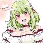  :d artist_name bad_id bad_pixiv_id bare_shoulders blush breasts character_name cleavage green_hair lowres marl_(sennen_sensou_aigis) medium_breasts miniru open_mouth red_eyes sennen_sensou_aigis short_hair smile solo upper_body white_background 