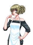  apron blue_eyes brown_hair collarbone finger_to_cheek hand_on_hip heterochromia idolmaster idolmaster_cinderella_girls off-shoulder_sweater ponytail ribbed_sweater sleeves_pushed_up solo sweater takagaki_kaede twrlare upper_body 