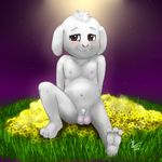  2015 anthro asriel_dreemurr balls blush boss_monster caprine clothed clothing cub fur goat hair looking_at_viewer male mammal monster nude penis smile solo undertale video_games white_fur young zekromlover 