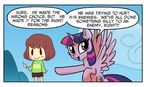 ambiguous_gender blush brown_hair chara_(undertale) crossover cutie_mark dialogue equine female feral friendship_is_magic hair horn horse human knife mammal multicolored_hair my_little_pony pony smile speech_bubble text twilight_sparkle_(mlp) undertale unknown_artist video_games winged_unicorn wings young 