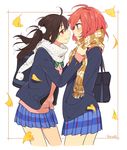  adjusting_scarf ahoge autumn bag black_hair blazer blush border bow closed_mouth cowboy_shot dressing_another face-to-face falling_leaves from_side hair_bobbles hair_ornament hand_in_pocket imminent_kiss jacket karuha leaf long_hair long_sleeves love_live! love_live!_school_idol_project miniskirt multiple_girls nishikino_maki otonokizaka_school_uniform plaid plaid_skirt pom_pom_(clothes) purple_eyes red_eyes red_hair scarf school_bag school_uniform short_hair shoulder_bag signature skirt smile twintails white_background wind yazawa_nico yuri 