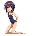  arms_behind_back bamboo_blade bare_shoulders breasts collarbone full_body kawazoe_tamaki kneeling looking_at_viewer one-piece_swimsuit open_mouth purple_eyes purple_hair school_swimsuit short_hair simple_background small_breasts solo swimsuit white_background winbee_(selkie) 