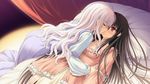  1girl bed black_hair breasts cleavage closed_eyes eyebrows eyebrows_visible_through_hair game_cg hair_between_eyes indoors kisakinomiya_chihaya kiss long_hair nanahara_kaoruko norita otoko_no_ko otome_wa_boku_ni_koishiteru otome_wa_boku_ni_koishiteru_futari_no_elder pillow red_eyes silver_hair small_breasts 