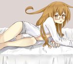  bad_id bad_pixiv_id brown_eyes brown_hair dress_shirt glasses kantai_collection long_hair looking_at_viewer mochizuki_(kantai_collection) on_bed open_clothes open_shirt panties red-framed_eyewear semi-rimless_eyewear shirt solo tamanu under-rim_eyewear underwear waking_up white_panties 