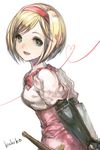  :d alternate_eye_color arms_behind_back artist_name blonde_hair blue_eyes bow djeeta_(granblue_fantasy) dress fang fighter_(granblue_fantasy) gauntlets granblue_fantasy hairband heart heart_of_string nightmare-kck open_mouth pink_bow pink_dress pink_hairband short_hair simple_background smile solo white_background 